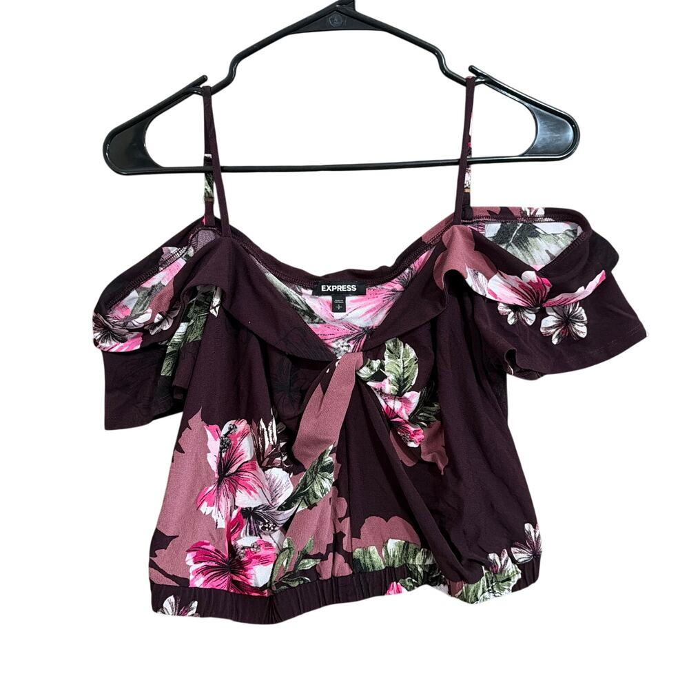 Express Womens Top Plum Multi Floral Cold Shoulder Sweetheart Crop Stretch Small